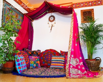 Boho bed curtains, Saree canopy frame with handcrafted walnut wood rods | bed canopy - Montessori bed - meditation space | bohemian bedroom