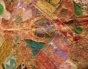 インドの壁掛け、ヴィンテージサリーパッチワークタペストリー、東洋の