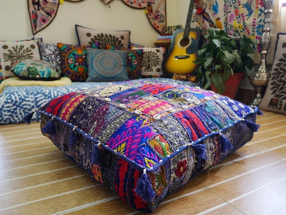 Indian boho BohemianHippie Gypsy Home Decor Bohemian Seating Pouf Round  Cushion Cover Handmade hippie Floor Pillow Mandala Meditation Seat