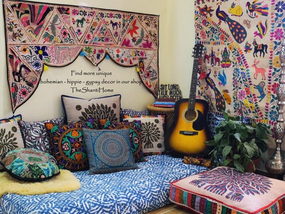 Hippie Decor SET Floor Seating Area Boho Canopy With Decorative Cushions  and Floor Pillow Covers Unique Bohemian Decor Meditation Room 