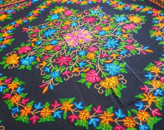 Boho bedding hand embroidered bed throw from Kashmir | cotton and wool - black bedcover flower embroidery - colorful hippie chic bedroom