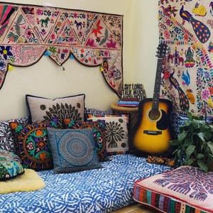 Hippie decor Set floor seating area | Meditation space - Colorful Interior Design | Boho curtains - Meditation pillow Set | Bohemian decor
