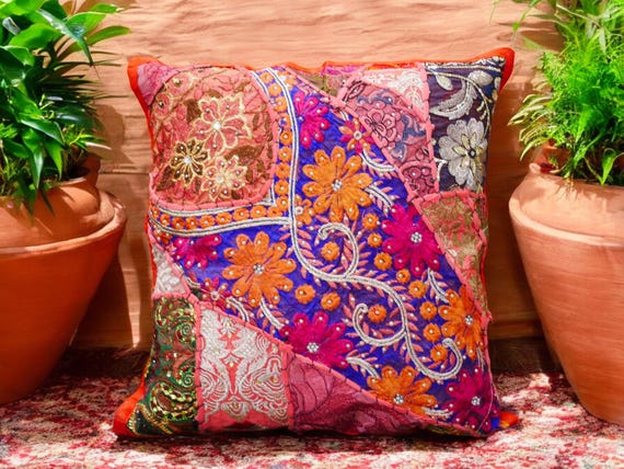 Patchwork Satin Sari Throw Pillow Covers Patchwork Satin Sari Throw Pillow Covers