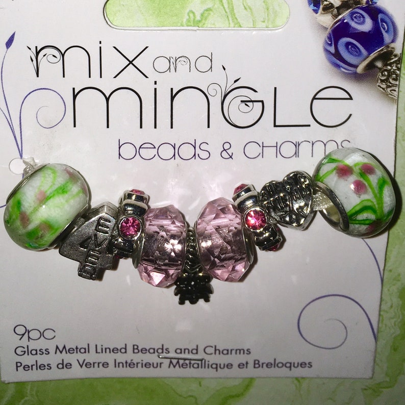 9 Piece Darice Mix and Mingle Glass Metal Lined Beads and Charms in Friends BFF Themed.