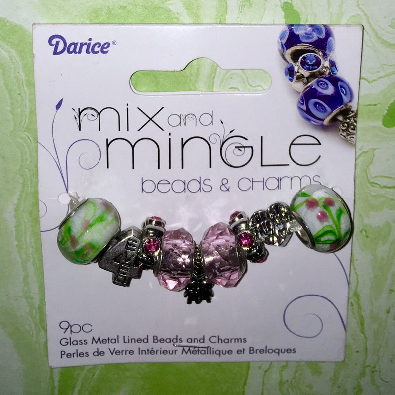 9 Piece Darice Mix and Mingle Glass Metal Lined Beads and Charms in Friends BFF Themed.