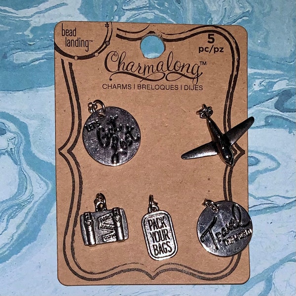 1 New Pack of 5 Silver Tone Travel / Vacation, Themed Charms.  Made by Charmalong by Bead Landing.