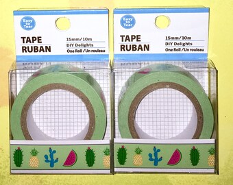 2 Rolls of Decorative Paper Craft Tape - Light Green with Multi-Color Cactus and Fruit Print.