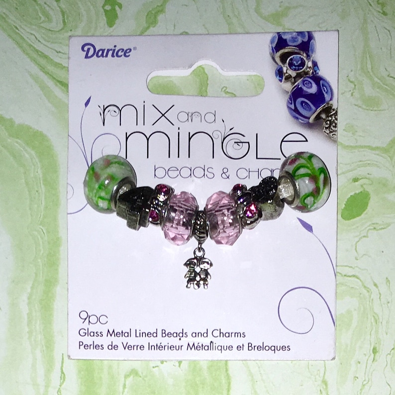 9 Piece Darice Mix and Mingle Glass Metal Lined Beads and Charms in Friends BFF Themed.