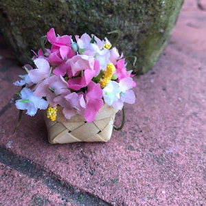 Miniature Flower Arrangement, Miniature Doll House Flower Basket, Miniature Fairy Flower Basket