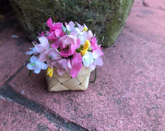 Miniature Flower Arrangement, Miniature Doll House Flower Basket, Miniature Fairy Flower Basket