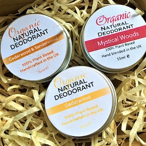 Mens woodsy deodorant set/sandalwood/cedarwood-natural-organic-vegan - Set of 3 tins