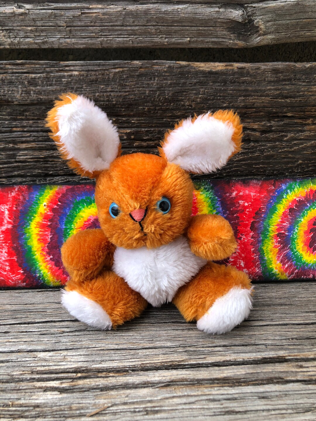 Vintage Bunny Rabbit Stuffed Animal Plushie Toy Vtg Stuffie Blue Eyes Easter Decor Orange Brown