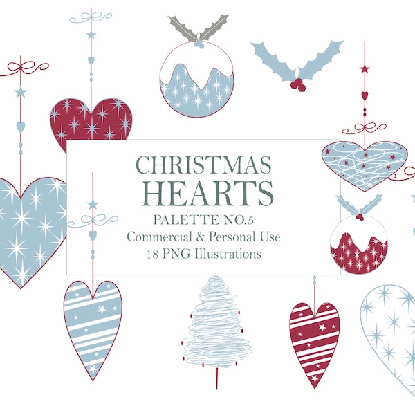 Christmas Heart Clipart, Commercial Use, Boho Christmas Clip Art, Digital Clipart Set/Bundle, Christmas Hearts, Instant Download PNG