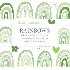 Rainbow Clipart, Verdes, Scandi Rainbow, Digital Rainbow, Nursery Clipart, Dibujado a mano, Boho Rainbow Clipart, Uso comercial de descarga instantánea