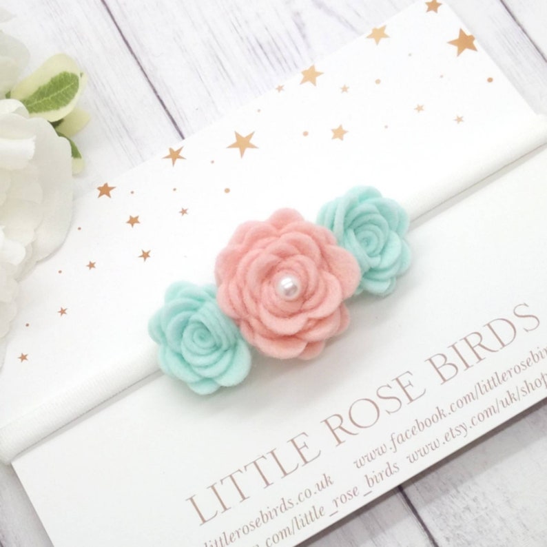 Blush Pink /& Mint Rose Headband Christening Headband Flower Girl Hair Rose Flower Headband Newborn Photo Prop Flower Headband