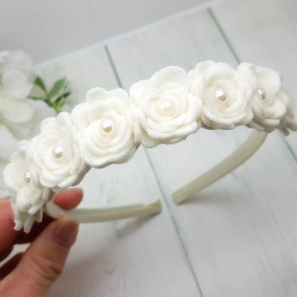 Ivory Flower Girl Headband, Flower Girl Hair Accessories, Headband for Girls, Bridesmaid Flower Hair Band, Alice Band, White Satin Headband