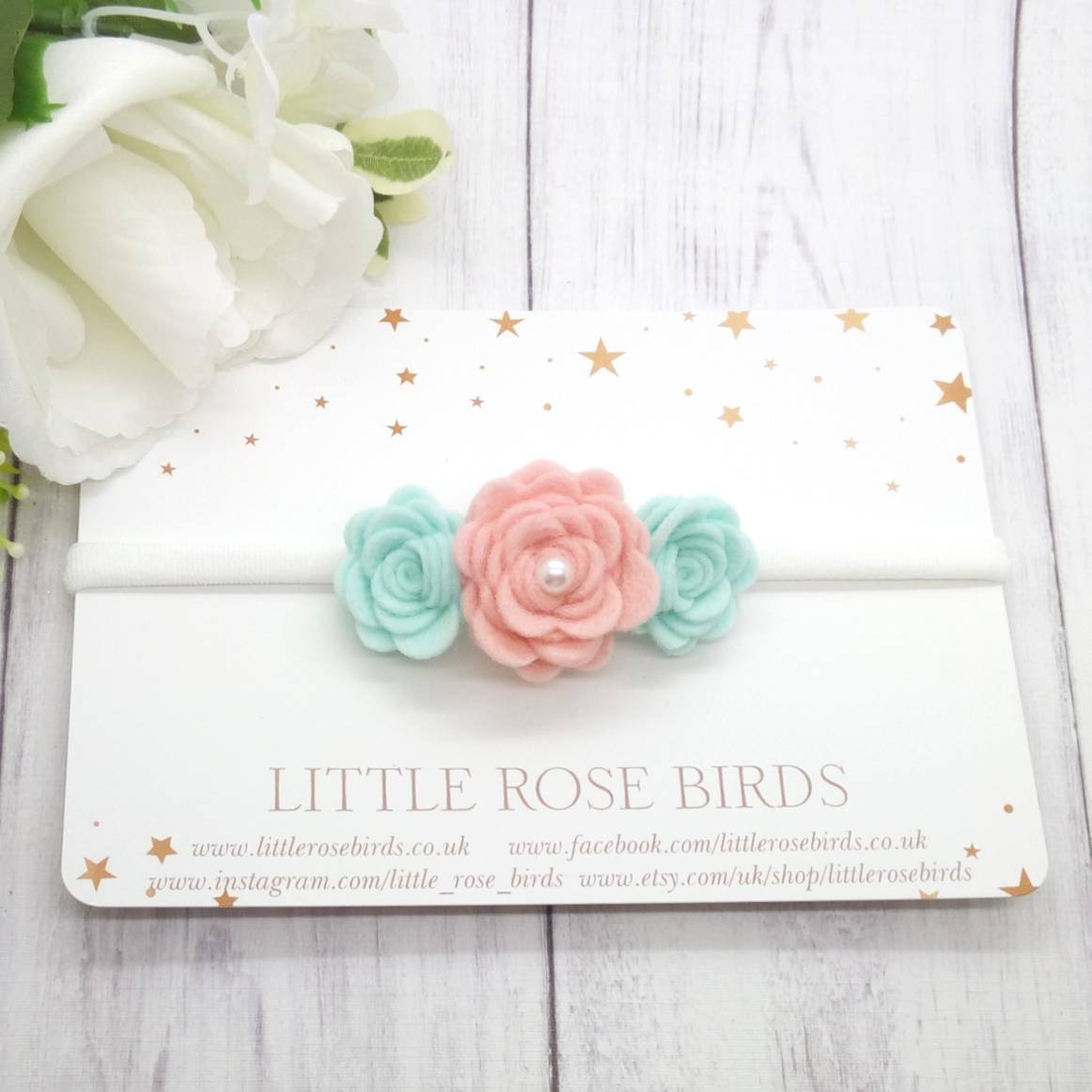 Blush Pink /& Mint Rose Headband Christening Headband Flower Girl Hair Rose Flower Headband Newborn Photo Prop Flower Headband