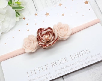 Rose gold flower headband, Rose gold bow, Baby headband, Cake smash prop, Newborn photography prop, Christening Headband, Flower girl hair,