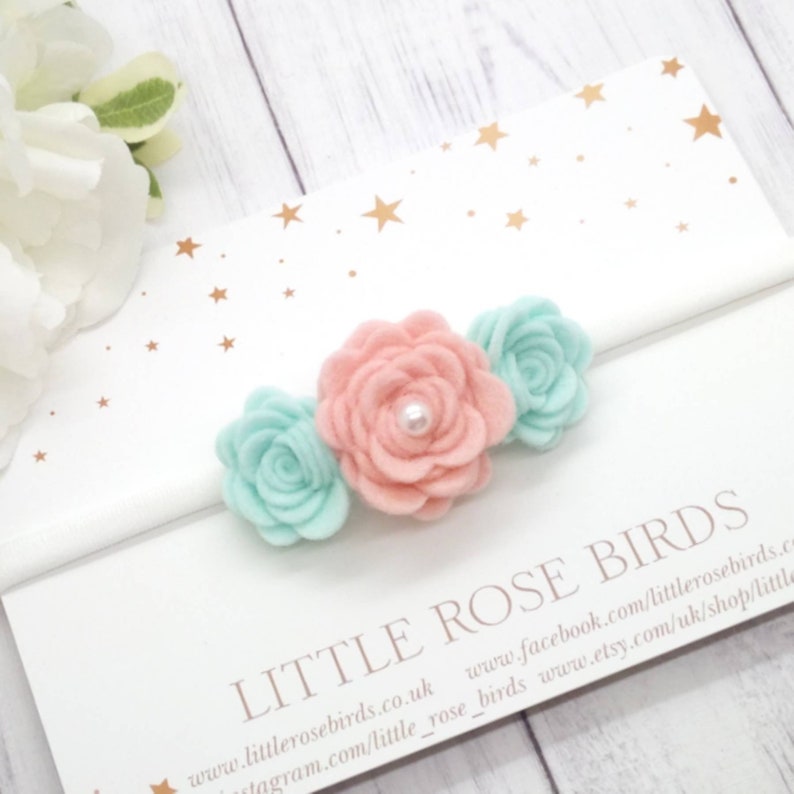 Blush Pink /& Mint Rose Headband Christening Headband Flower Girl Hair Rose Flower Headband Newborn Photo Prop Flower Headband