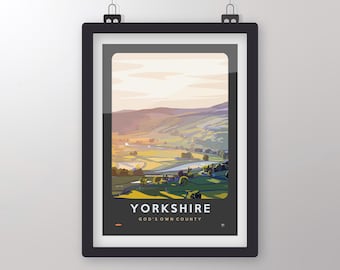 May include: A poster with a scenic view of a valley in Yorkshire, England. The poster has a gray background with a white border and the text "Yorkshire, God's Own County" in black.