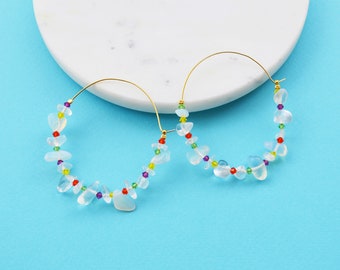 Moonstone hoop earrings, Gemstone hoop earrings, Colorful crystal earrings, Semi precious stones earrings, Gift for her