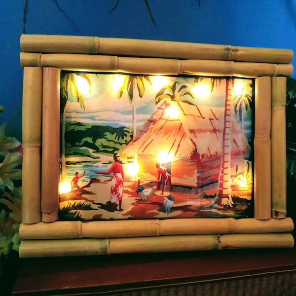 Bambus Leuchtrahmen polynesische Leuchtreklame 50s Palme tropisch Palme Retro Leuchtdruck Hawaiianer