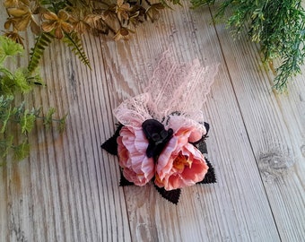 Negro oscuro rosa postizo boda baby shower encaje arco clip de pelo peonía rosa flores 50s retro boho vintage estilo accesorio pinup rubor 40s