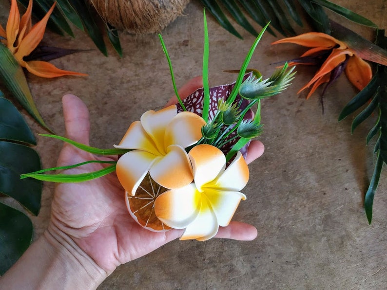Plumeria hair flower clip orange slice frangipani fruit hairpiece tropical tiki pinup rockabilly headpiece accessory hawaiian polynesian
