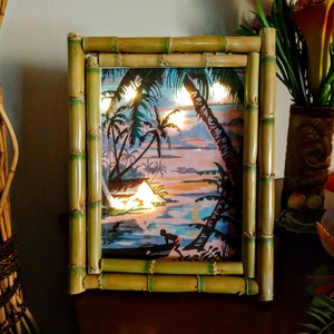 Bamboo light up frame tropical sunset palm trees mid century retro tiki bar decor gift beach house illuminating print hawaiian 50s home