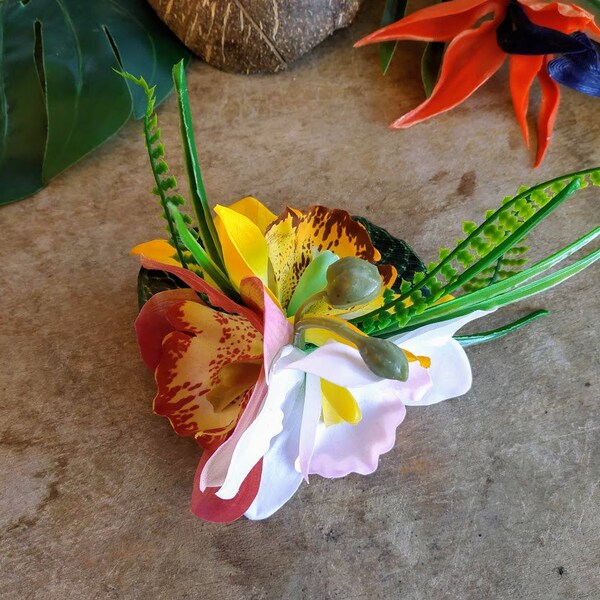 Triple orchid hair flower clip hawaiian hairpiece tropical greenery orchids tiki accessory pinup rockabilly 50s headpiece viva summer yellow