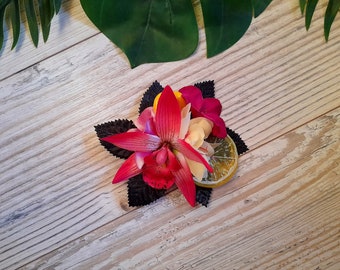 Pince à cheveux orchidée rose feuilles noires, carambole tropicale, tranche de citron, postiche pin-up des années 50, jaune violet exotique tiki polynésien hawaïen