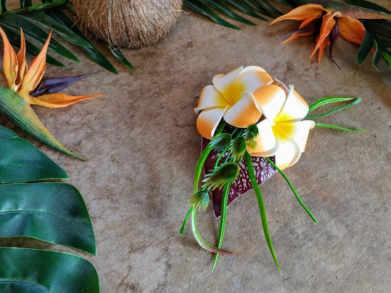Plumeria hair flower clip orange slice frangipani fruit hairpiece tropical tiki pinup rockabilly headpiece accessory hawaiian polynesian