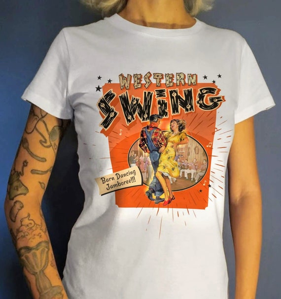 Western swing tshirt women men country cowgirl cowboy barn line dance jamboree 50s retro rockabilly top white graphic tee fifties vintage Western swing tshirt women men country cowgirl cowboy barn line dance jamboree 50s retro rockabilly top white graphic tee fifties vintage