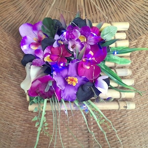 Tiki tropical flowers wall hanging light up bamboo decor purple leaves floral arrangement hawaii beach house gift summer home exotic pacific