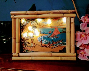 Bamboo light up frame hawaiian hut house tropical palm trees retro mid century tiki bar decor beach polynesian illuminated print 50s home