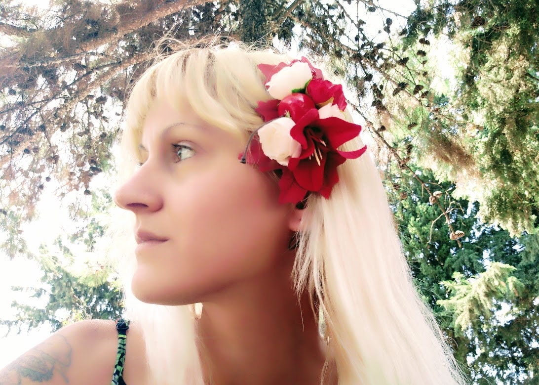 Pin Up Hair Clip Red Flower White Cream Rose Cherry Berries Etsy
