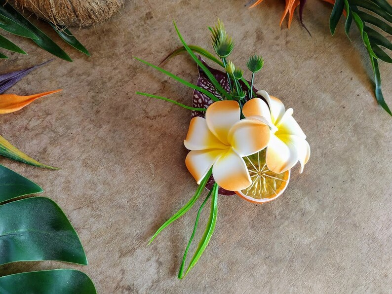 Plumeria hair flower clip orange slice frangipani fruit hairpiece tropical tiki pinup rockabilly headpiece accessory hawaiian polynesian