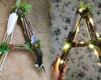 Twig light up letters 9.5" personalized baby shower gift woodland nursery decor enchanted kids room whimsical rustic boho wall initial name