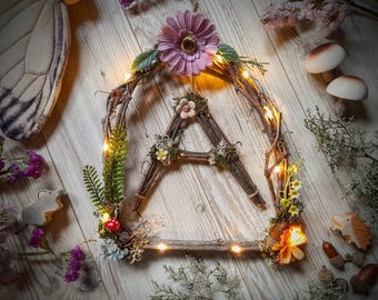 Enchanted door sign initial twig letter cottagecore custom kids name whimsical nursery wall decor woodland rustic baby shower gift mushroom