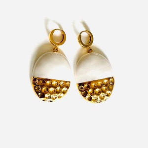Large Handmade Textured Oval White Gold dipped Faience ceramic earrings