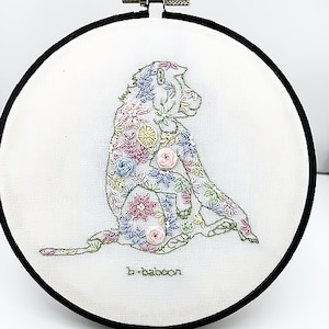Animal Alphabet Floral Embroidery Kit of a Baboon with Flowers. Hand embroidery kit. Nursery wall decor. Baby gift.  DIY craft kit.