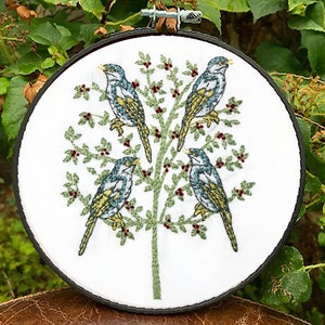 Four Calling Birds Embroidery Kit | Embroidery Hoop Art Gift | Beginner Hand Embroidery Kit | Modern Stitching Kit With Birds For Christmas
