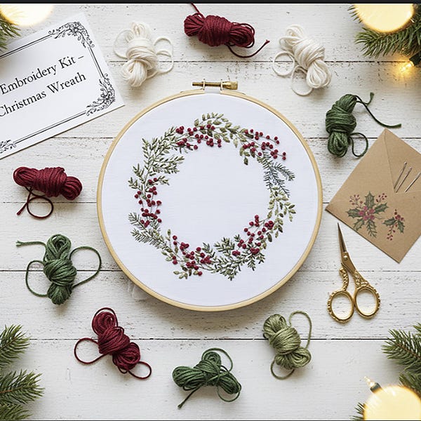 Christmas Wreath Hand Embroidery Kit: DIY Holiday Needlework