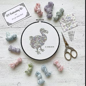 May include: Embroidery kit with a dodo bird design, including a hoop, threads, needles, and scissors. The card reads "DIY Embroidery Kit - D is for Dodo Bird". Threads are in shades of pink, purple, green, and blue.