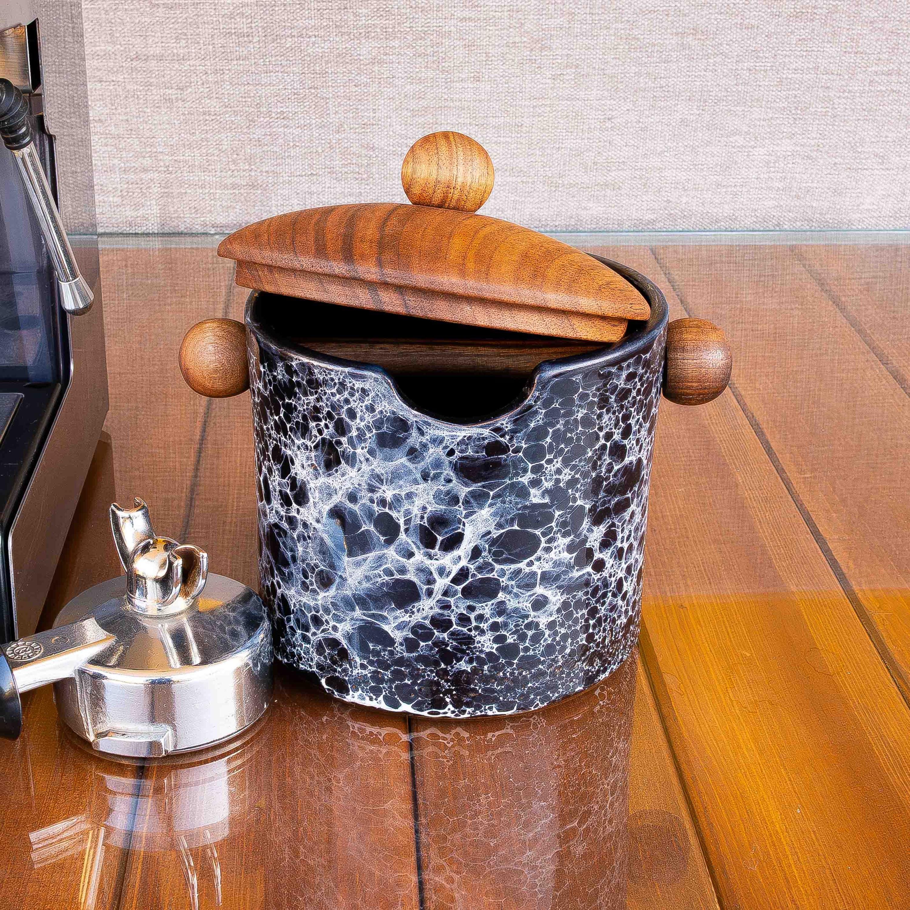 Handmade Ceramic Espresso Knock Box (black) With Walnut Lid by