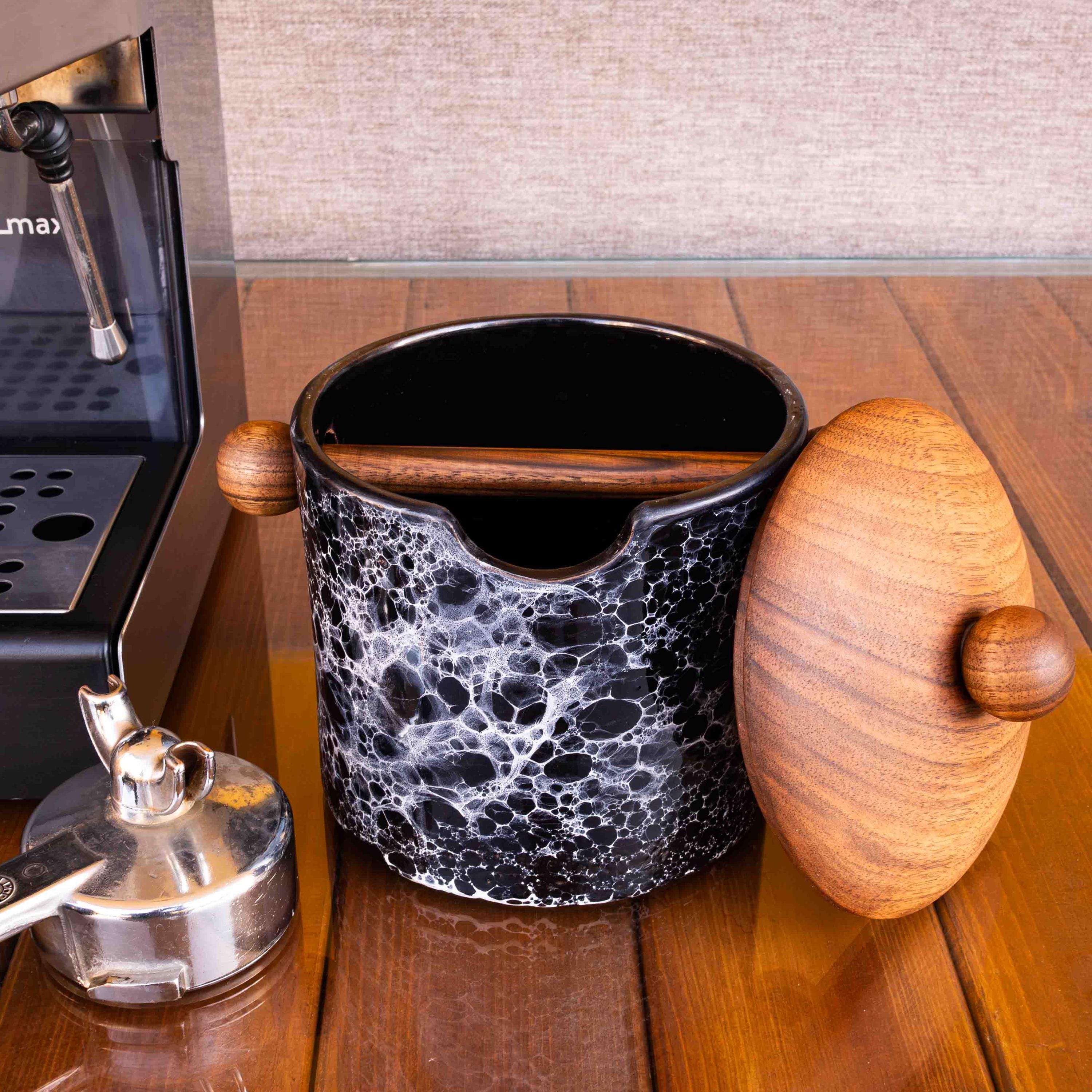 Handmade Ceramic Espresso Knock Box (black) With Walnut Lid by