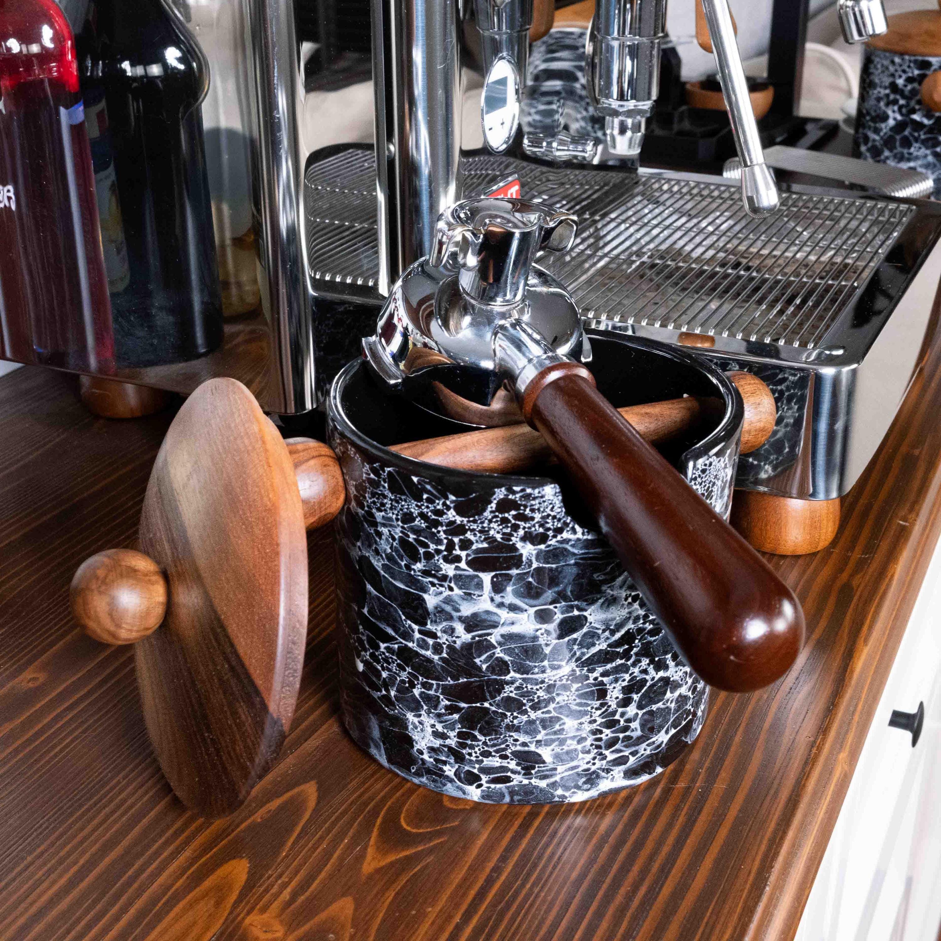 Handmade Ceramic Espresso Knock Box (black) With Walnut Lid by