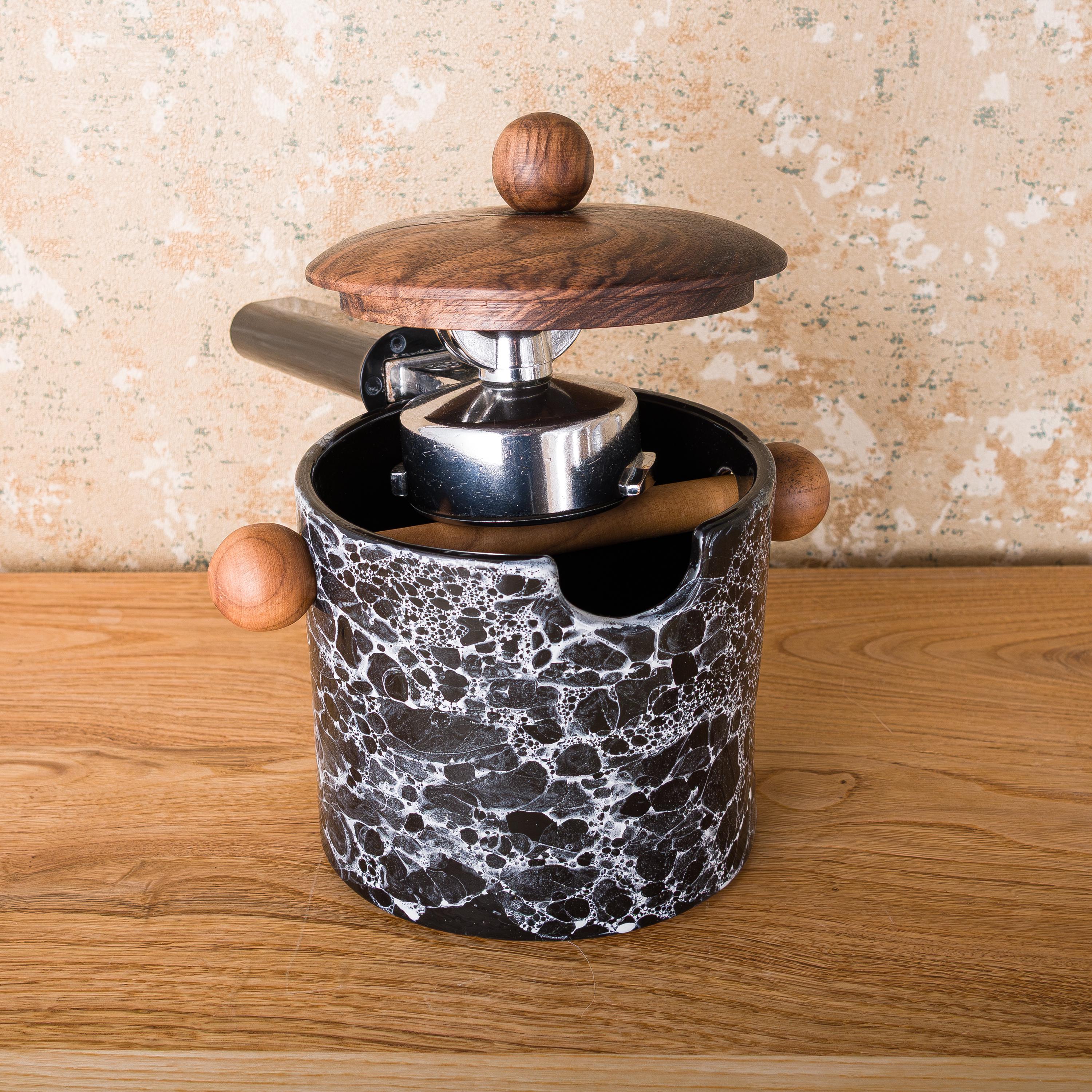Handmade Ceramic Espresso Knock Box (black) With Walnut Lid by
