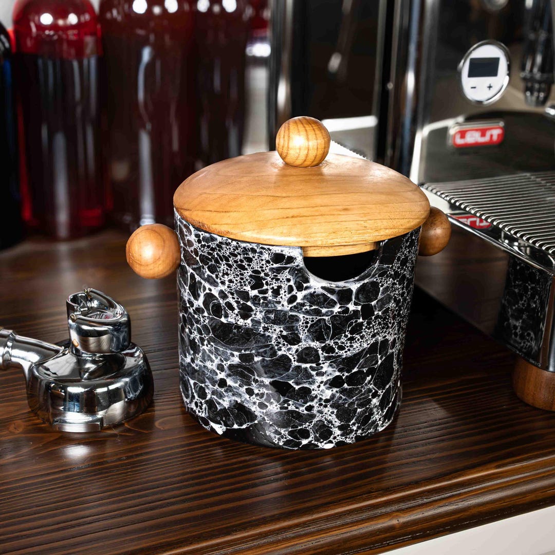 Handmade Ceramic Espresso Knock Box (black) With Walnut Lid by