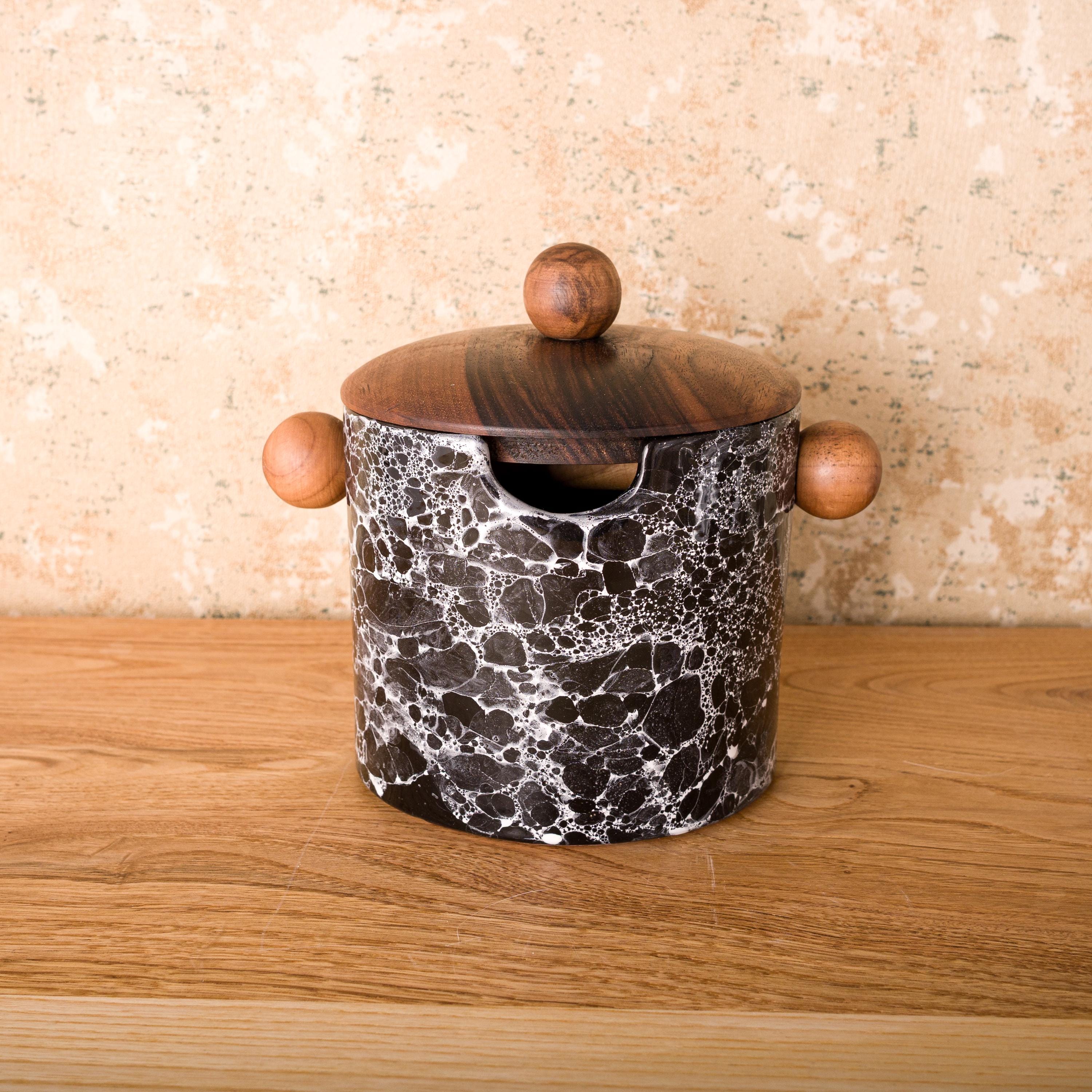 Handmade Ceramic Espresso Knock Box (black) With Walnut Lid by